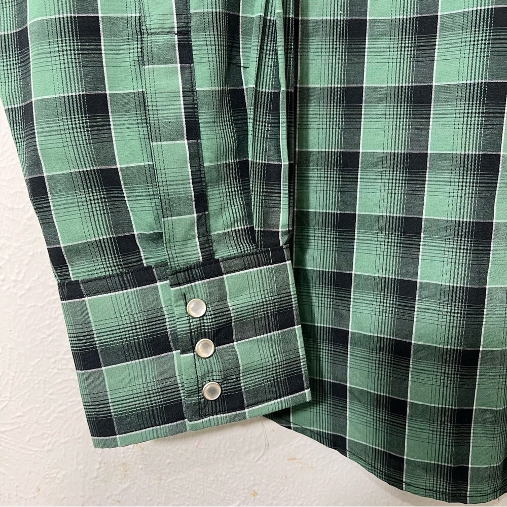 Wrangler Mens Green Plaid Front Pockets Brushpopper Pearl Snap Shirt Sz L - Picture 5 of 6